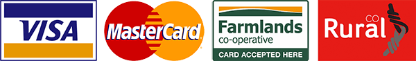 We accept Visa, Mastercard, Farmlands Card, Rural Co Card