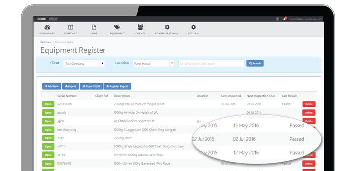 Lifting Equipment Core Inspection - Equipment Register